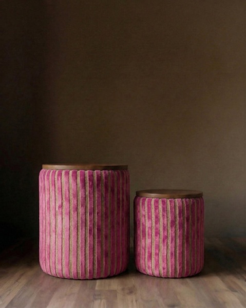 ottoman, stool, velvet ottoman, furniture stool, round stool, new arrival, minimalist, editorial, luxurious, calm, pink, brown, neutral